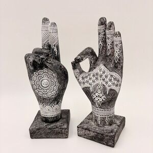 Set of 2 Mudra Hand Statues Black White Henna Mandala Bohemian Decor Metaphysics
